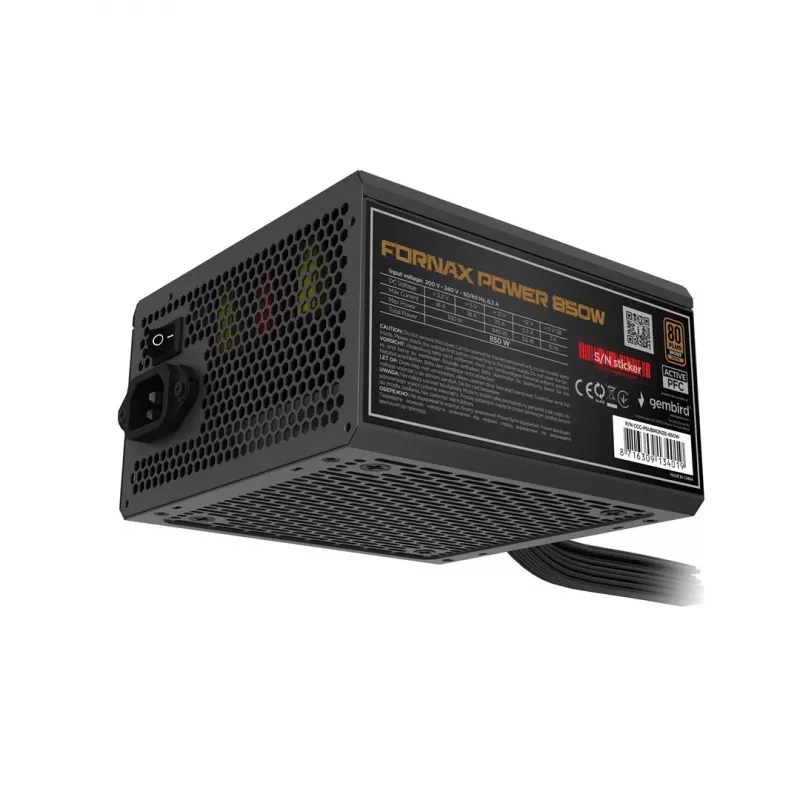 Gembird CCC-PSUBRONZE-850W Barošanas bloks Fornax Power 850W aktīvais PFC 12cm ventilators 80+Bronze krāsas kastē