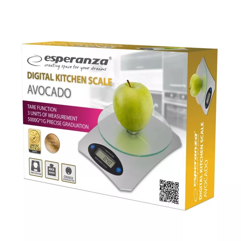 Elektroniskie virtuves svari ESPERANZA Avocado pelēka — 5 kg ietilpība, bambusa platforma, g/lb/oz mērvienības