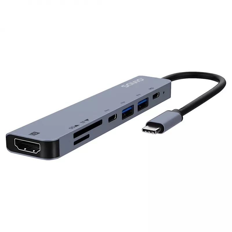 USB Type-C centrālmezgls SAVIO AK-82 ar HDMI, MicroSD, USB 3.2 Gen1, PD caurlaidi, 4K@30Hz, 5000 Mbit/s, melns