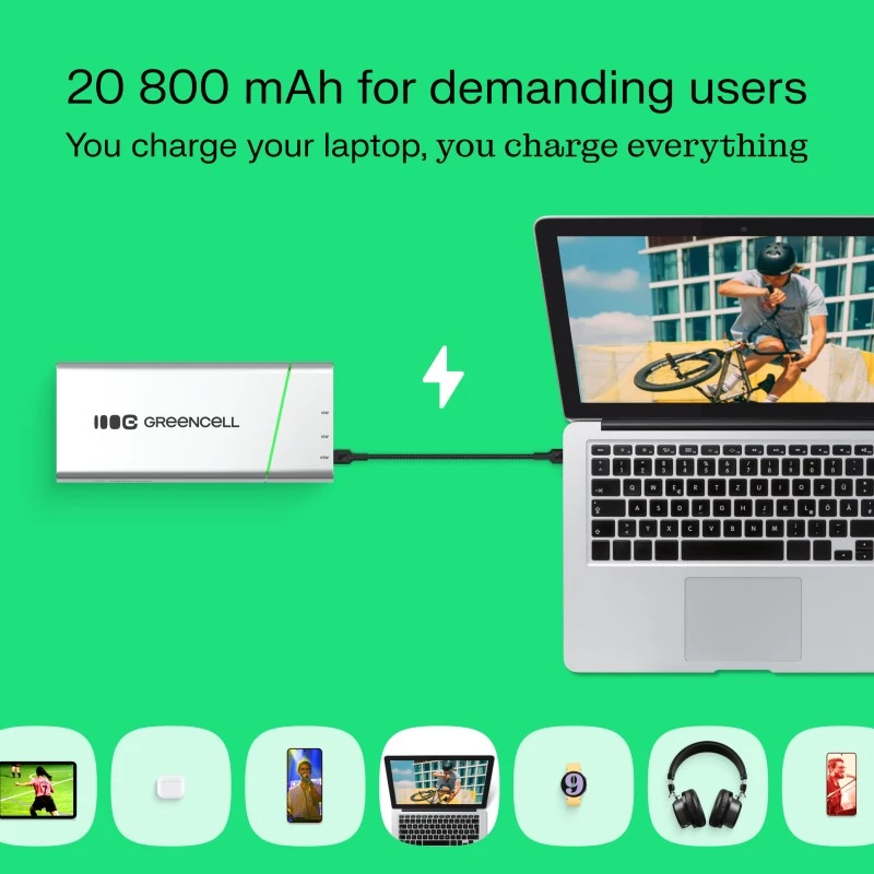 Portatīvs akumulators zaļa Cell BPLGC20P 20800 mAh litija jonu, USB-C PD 65W, 2x USB-C + 1x USB-A, alumīnija korpuss