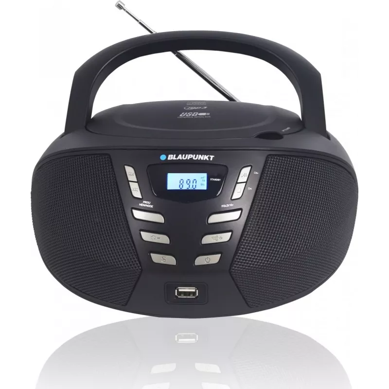 Portatīvais CD atskaņotājs Blaupunkt BB7BK — MP3, FM radio, USB, AUX, bateriju darbināms, 2x iebūvēti skaļruņi, 240×230×128 mm