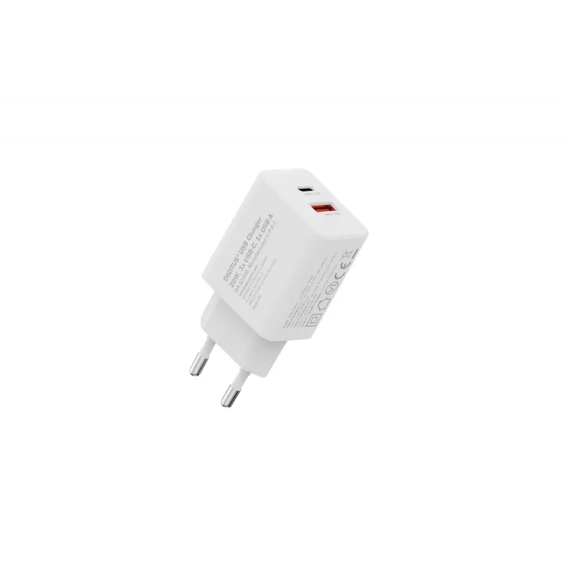 Maiņstrāvas USB lādētājs DIGITUS 20 W, 1x USB-C, 1x USB-A, ieeja 100–240 V, balts
