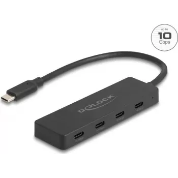 USB Type-C centrmezgls DELOCK 64322 — 4× USB‑A pieslēgvietas, 10 Gbps, melns