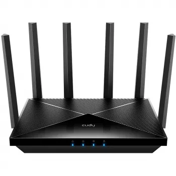 Galda maršrutētājs Cudy WR11000 — trīsjoslu 2,4/5/6 GHz, Wi‑Fi 7, 4× 2,5 Gigabit LAN, 5765 Mb/s 6 GHz joslā, 512 MB RAM