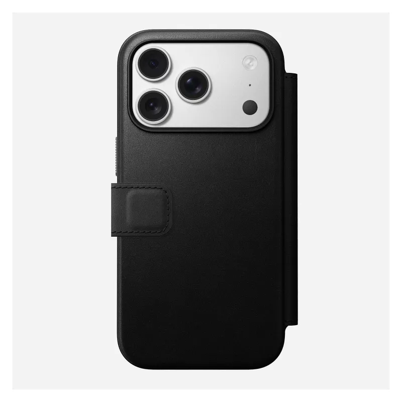 Mobilā tālruņa ādas vāciņš Nomad Modern Leather Folio Cover iPhone 17 Pro, 16 cm (6,3 collas), melns, 4 karšu kabatiņas