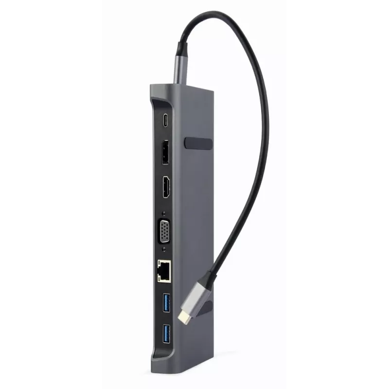 Klēpjdatora dokstacija Gembird A-CM-COMBO9-02 USB 3.2 Gen 1 Type-C, HDMI, VGA, 3×USB-A, Gigabit Ethernet, 87W PD, Pelēka