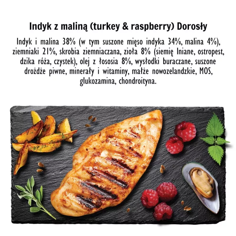 Sausā suņu barība PAKA ZWIERZAKA Turcija ar avenēm M — 9 kg, pieaugušiem lielo šķirņu suņiem, 28% olbaltumvielu, 15% tauku