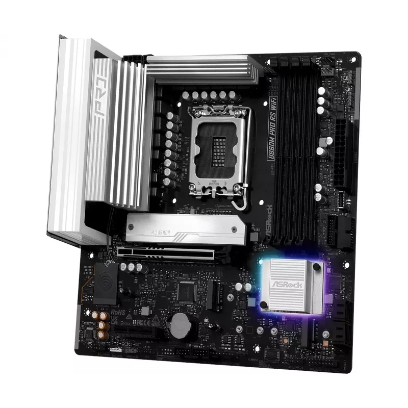 Mātesplate ASRock B860M Pro RS WiFi — Intel B860, LGA 1851, micro ATX, DDR5, 4 DIMM, 3x M.2, 2.5Gb LAN, Wi‑Fi, Bluetooth