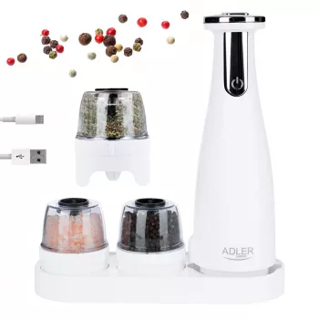 Burr sāls un piparu dzirnaviņu komplekts Adler AD 4449W Steel balta, keramiskas dzirnakmeņi, 150 ml, USB-C uzlādējams