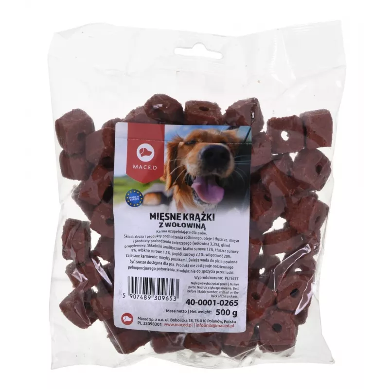 Suņu kārums MACED Meat Discs ar liellopu gaļu 500 g — papildinošs našķis, 12% olbaltumvielu, 8% tauku, 20% mitruma