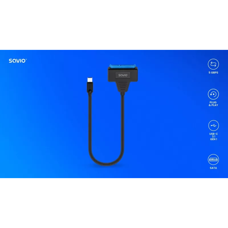 SAVIO SATA uz USB-C saskarnes kabelis AK-69, SATA sieviešu uz USB-C vīriešu, USB 3.2 Gen 1 (5 Gbit/s), 0,25 m, melns