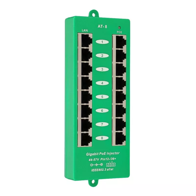 Extralink Gigabit PoE inžektors 8 portu aktīvais, 8 porti Gigabit 802.3at/af, režīms A
