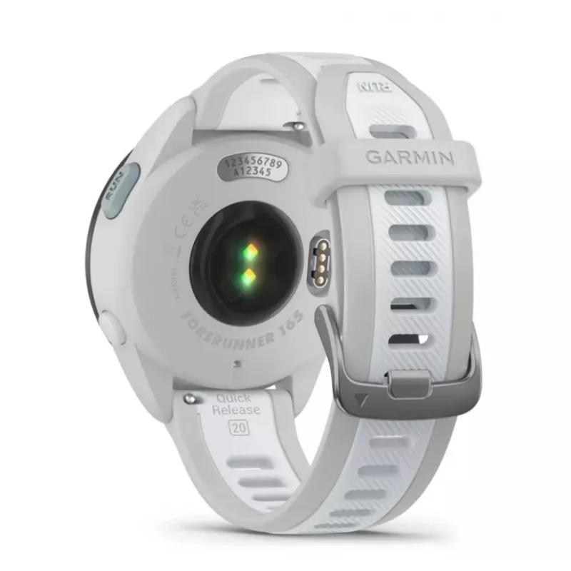 Viedpulkstenis GARMIN Forerunner 165 — GPS, AMOLED 1,2 collas, 4 GB, 5 ATM, 11 dienu akumulators, pelēks korpuss, balta siksniņa
