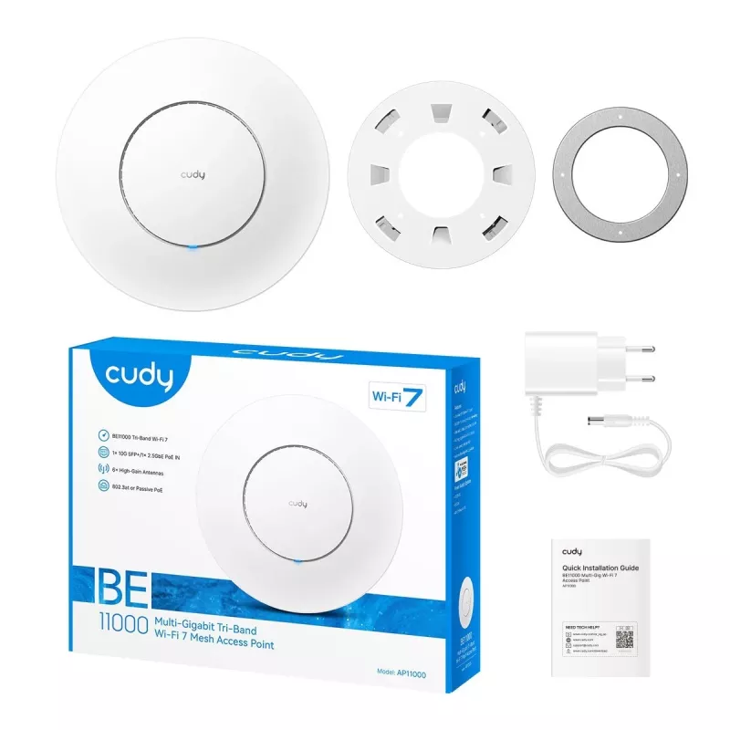 Bezvadu piekļuves punkts Cudy AP11000 — trīsjoslu Wi‑Fi 6 (2,4/5/6 GHz), 5760 Mb/s, MU‑MIMO, griestu/sienas stiprinājums