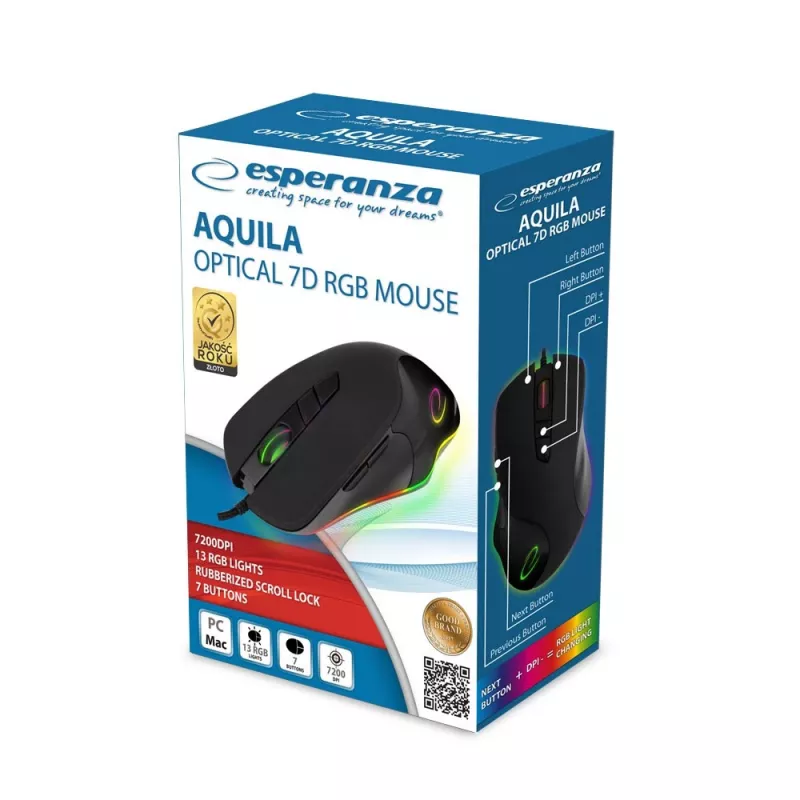 Optiskā spēļu pele ESPERANZA EM132 — 7 pogas, 7200 DPI, RGB, labā roka, USB 2.0, 1,5 m kabelis