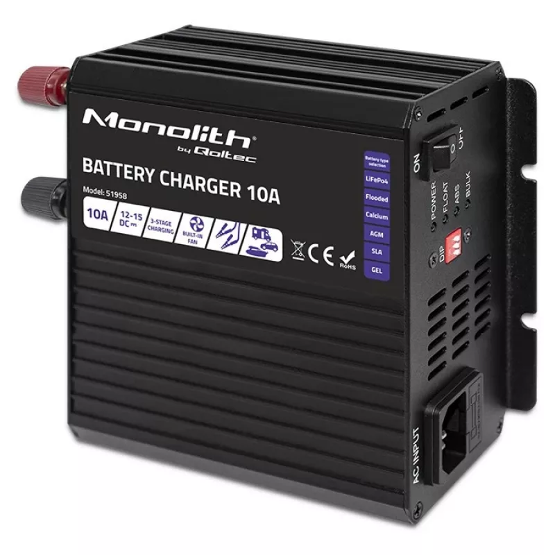Qoltec Smart Monolith akumulatora lādētājs LiFePO4 AGM GEL SLA akumulatoriem | 10A | 12V