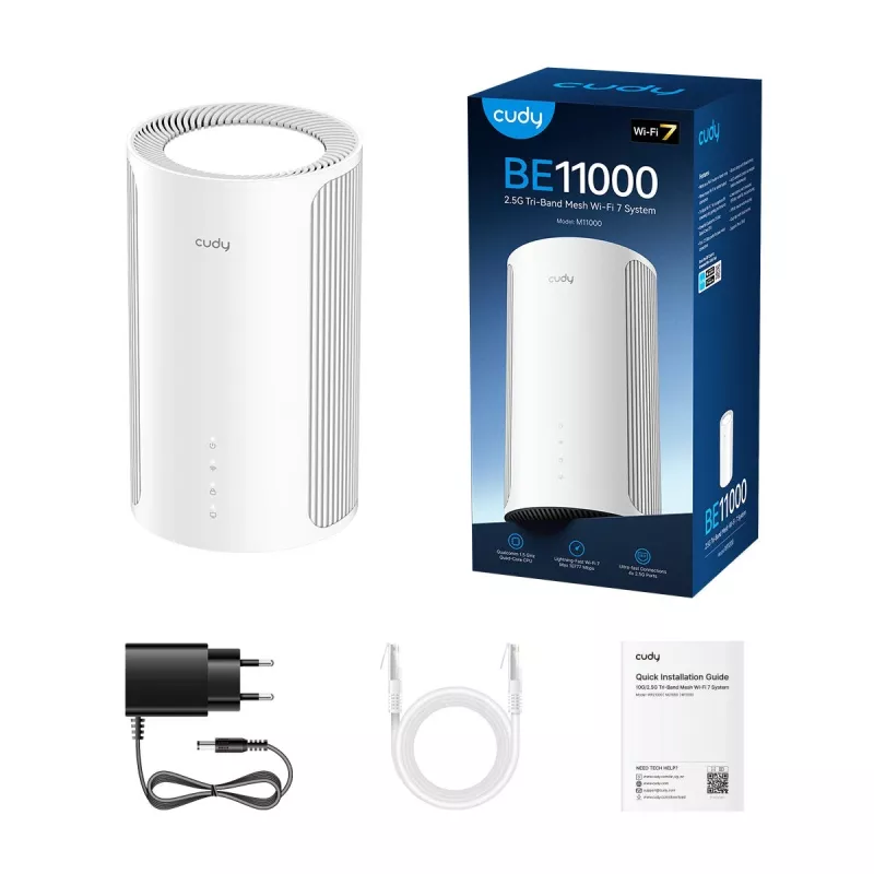 Mesh maršrutētājs Cudy M11000 Trīsjoslu (2,4 / 5 / 6 GHz) Wi‑Fi 7 4x LAN Balts, 4 iekšējās antenas