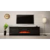 TV skapītis ar kamīnu Cama Meble GRANERO modelis — 200 x 56,7 x 35 cm, melns/melns spīdums, 2 durvis, 2 plaukti, bīdāmās durvis, MDF/skaidu plātne