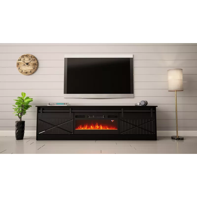 TV skapītis ar kamīnu Cama Meble GRANERO modelis — 200 x 56,7 x 35 cm, melns/melns spīdums, 2 durvis, 2 plaukti, bīdāmās durvis, MDF/skaidu plātne