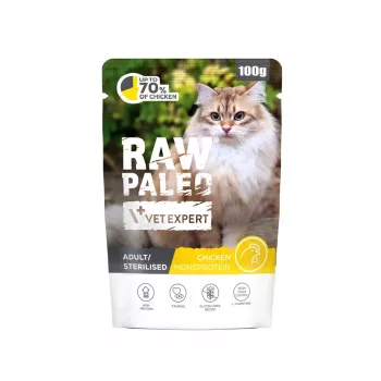 Mitrā kaķu barība VETEXPERT Raw Paleo Adult/Sterilised Chicken 100 g – pilnvērtīga mitrā diēta pieaugušiem un sterilizētiem kaķiem