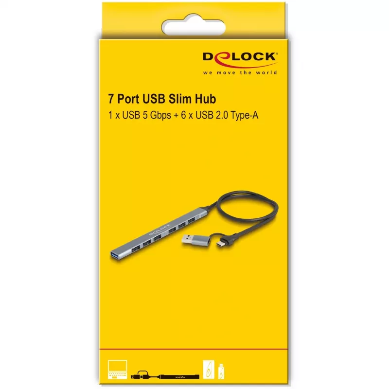DELOCK 4 Port plāns USB Hub — USB 3.2 Gen 1 Host Type-C, 3× USB 5 Gbps Type-C + 1× USB 5 Gbps Type-A, pelēks, metāls