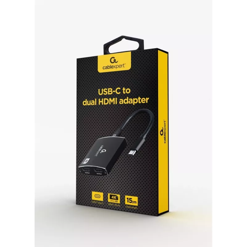 Gembird A-CM-HDMIF2-01 USB-C uz diviem HDMI adapteris, 4K 60Hz, melns
