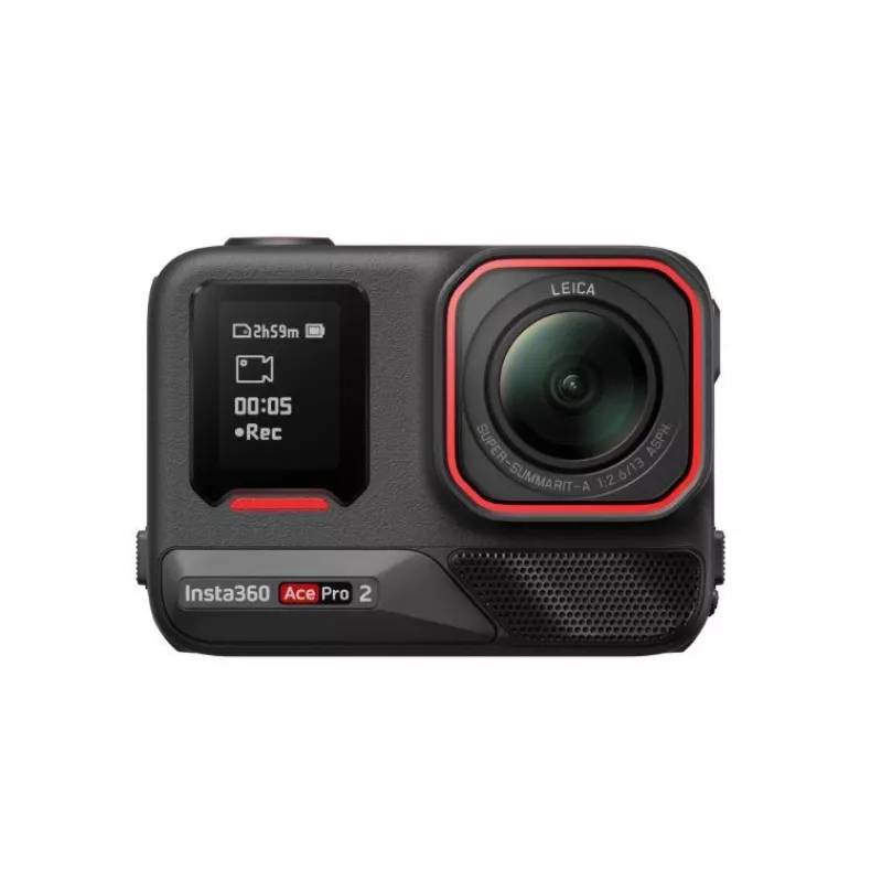 Action sports kamera Insta360 Ace Pro 2 — 50 MP, 8K Ultra HD (7680×3272), 1/1,3 collu sensors, līdz 240 kadriem/s, iebūvēts displejs, Wi‑Fi, MicroSD, 177,7 g, Melna