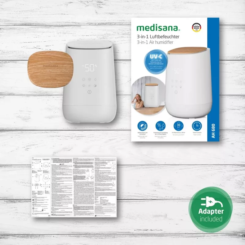 Medisana AH 680 gaisa mitrinātājs Ultraskaņas 2.6 L Balts, Koka 24 W