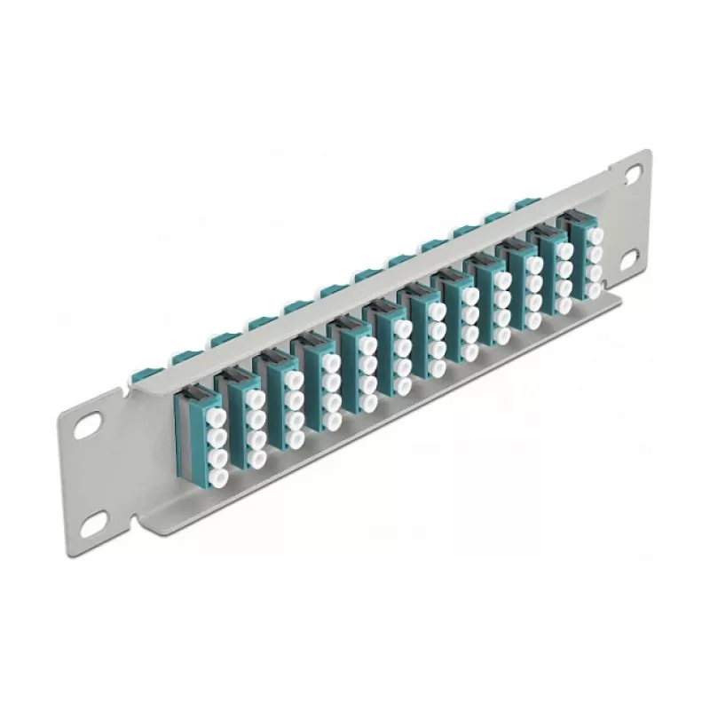 Optiskās šķiedras komutācijas panelis DeLOCK 10 collu 12 portu LC Quad Aqua 1U pelēks