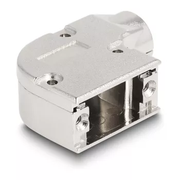 Kabeļa aizsargs DELOCK D-Sub korpuss 9‑kontaktu tēviņam/mātītei ar metāla kronšteinu 90° leņķī, sudraba, 33×47×16 mm