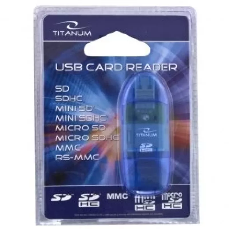 Karšu lasītājs Titanum TA101B USB 2.0, zils — atbalsta MicroSD, SD/SDHC, MMC, MS formātus, 480 Mbit/s