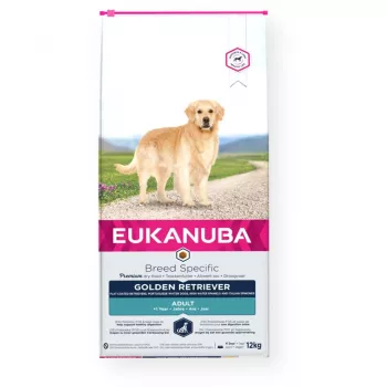Sausā suņu barība EUKANUBA Golden Retriever Chicken 12 kg — pilnvērtīgs uzturs pieaugušiem suņiem, 26% olbaltumvielu, 13% tauku, 1,25% kalcija