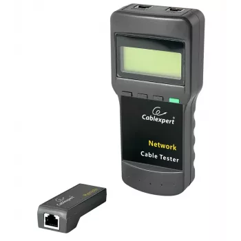 Tīkla kabeļu testētājs GEMBIRD NCT-31 — nepārtrauktības testētājs ar LCD, RJ-11/RJ-12/RJ-45 atbalsts, melns