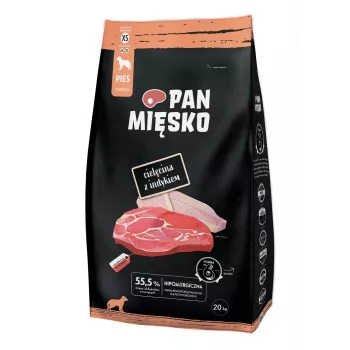 Sausā suņu barība Pan Miesko Veal ar Turkey XS 20 kg — pieaugušām mazajām šķirnēm, 30% proteīna, 20% tauku