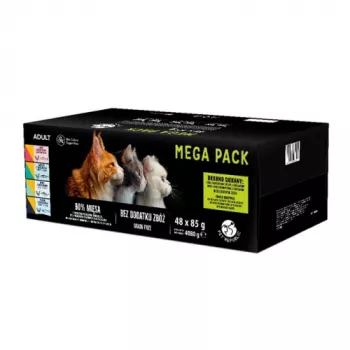 Mīksto kaķu barības paciņu PetRepublic daudzveidīgais iepakojums 48 x 85 g — jaukta gaļa un zivs mērcē (vista, tītars, jērs, lasis, tuncis)