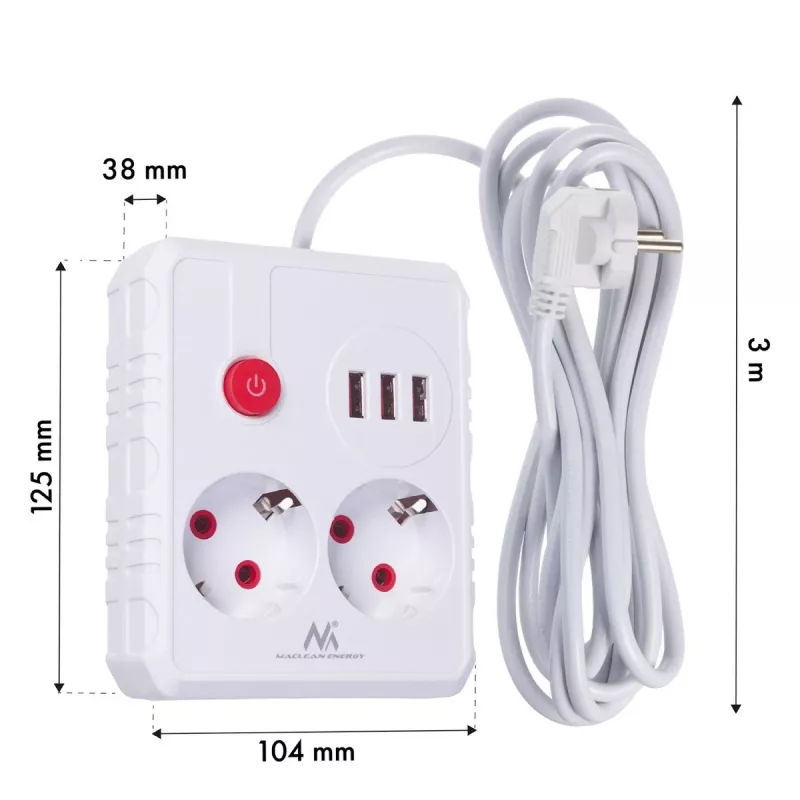 Strāvas sadalītājs MACLEAN MCE388 W — 2 rozetes, 3×USB, 110–240V, 2500W, 3 m kabelis, balts