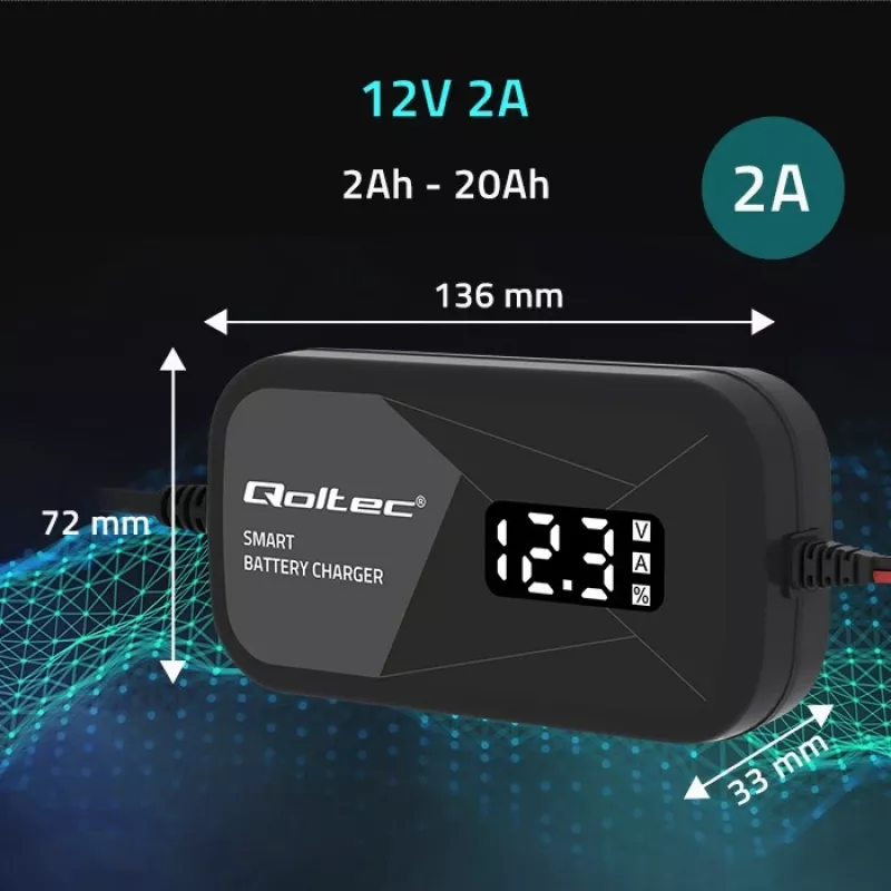 Bateriju lādētājs QOLTEC 52492 12V 2A ar mikroprocesora vadību un šūnu reģenerāciju