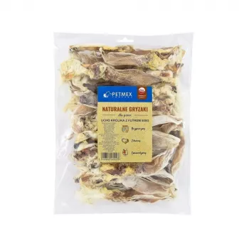 Suņu košļājamais našķis PETMEX truša auss ar kažoku 500 g — dabīgs, ar truša garšu, zobu kopšanas kārums pieaugušiem suņiem