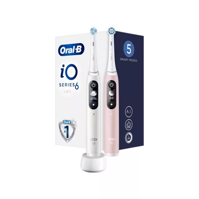 Braun Oral-B iO Series 6 Duo elektriskā zobu birste 2 iepakojumā balta/rozā