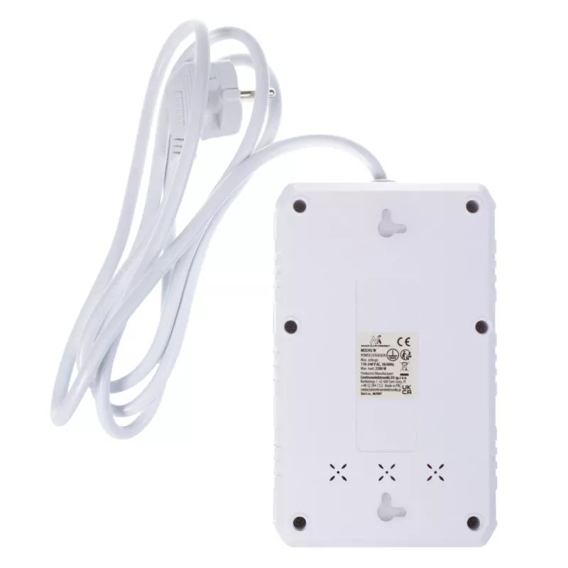 Strāvas sadalītājs MACLEAN MCE392 W — 4 F tipa kontaktligzdas, 3×USB A, 110–240 V, maks. 2,1 A, 2500 W, 1,5 m kabelis, balts