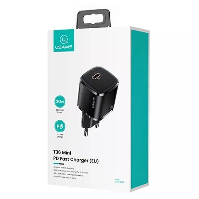 usams phone charger 1x USB-C T36 + Lightning PD — kompakts PD lādētājs ar USB-C un Lightning