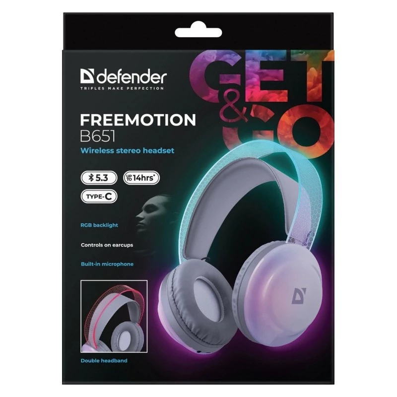 Bezvadu galvas siksnas austiņas DEFENDER Freemotion B651 — binaurālas, slēgtā akustiskā sistēma, 20–20000 Hz, 105 dB, USB-C, AUX