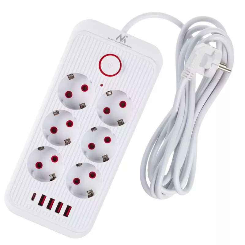 Kontaktligzdas MACLEAN MCE391 W — 6 ligzdas, 4×USB-A + 1×USB-C, 3 m kabelis, 110–240V, 2500W, balta
