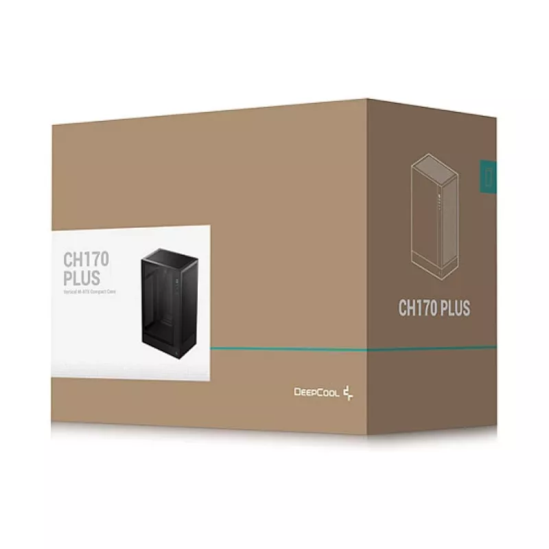 DeepCool CH170 PLUS Tower Melns — micro-ATX/mini-ITX korpusa korpuss, rūdīta stikla logs, USB-C, augšējais barošanas bloka novietojums