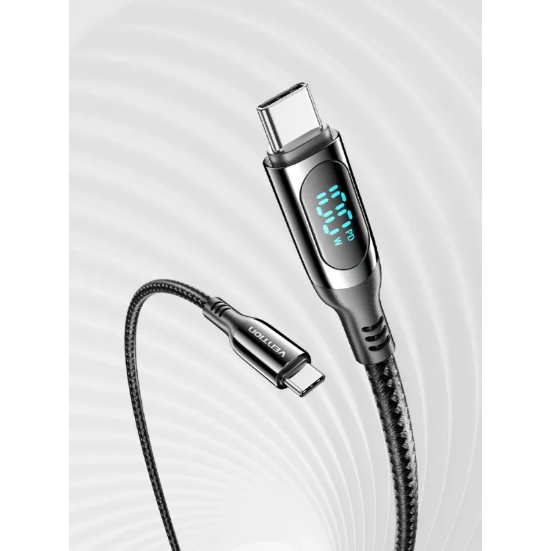 Vention kokvilnas pīts USB 2.0 C tēviņš–C tēviņš 5A kabelis ar LED displeju 1,2 m, melns, cinka sakausējuma tips