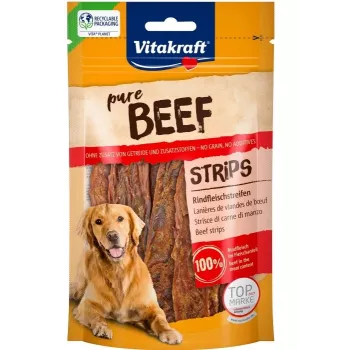 Vitakraft Pure Beef Strips 80 g suņu našķi — vienas sastāvdaļas liellopu gaļa, bez graudiem, bez lipekļa, piemēroti visām šķirnēm