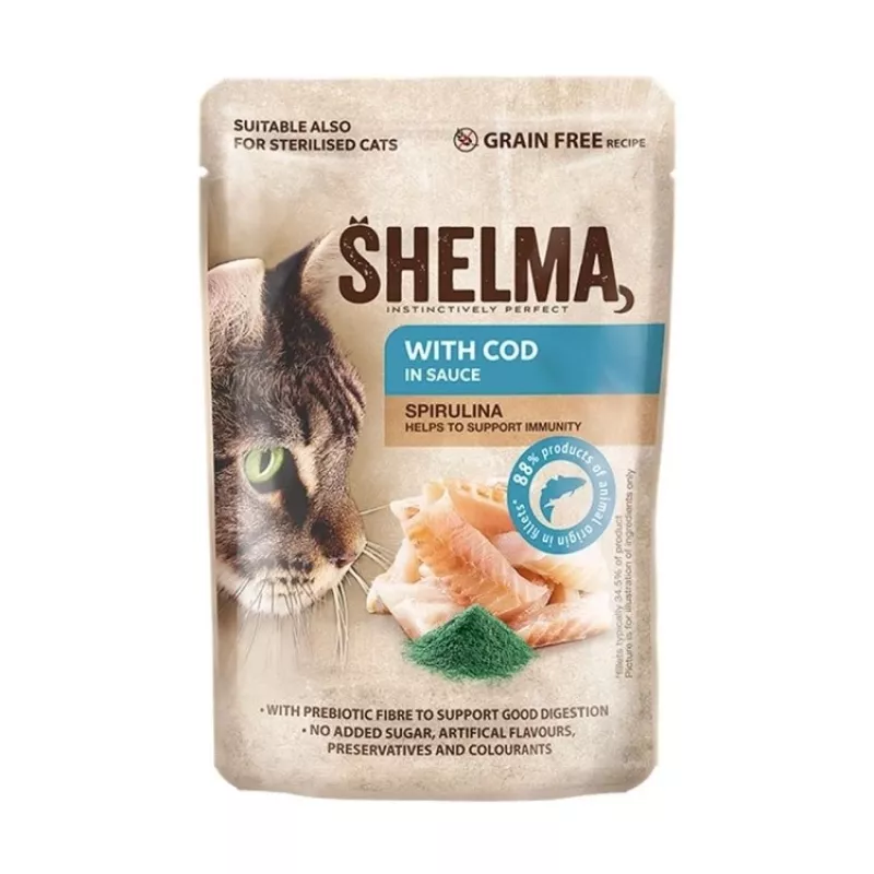 Mitrā kaķu barība SHELMA ar lasi un mencu mērcē, 4 x 85 g paciņas, 81% mitrums, 10% olbaltumvielas