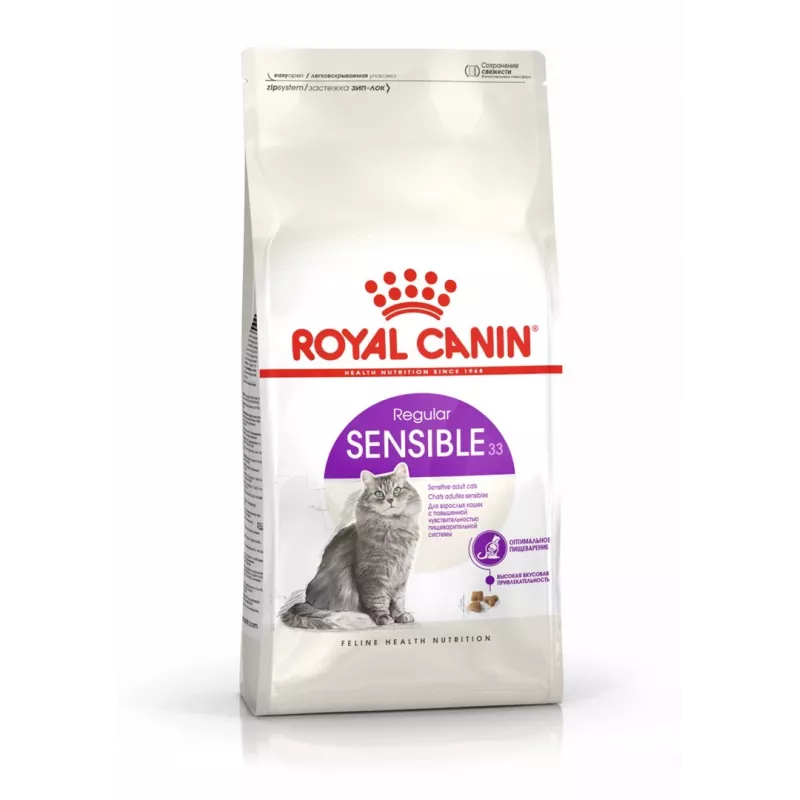 Sausā kaķu barība Royal Canin Sensible 33 Adult — 2 kg, olbaltumvielas 33%, tauki 22%, gremošanas atbalsts, mājputnu garša