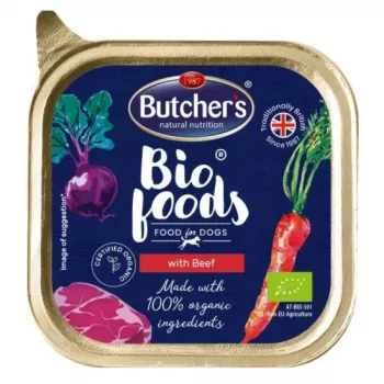 Mitrā suņu barība butcher's BUTCHER'S Bio Foods ar liellopu un teļa gaļu 150 g, bez graudiem, pieaugušiem suņiem, 11% olbaltumvielu, 5% tauku