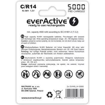 Uzlādējama NiMH cilindriska baterija everActive EVHRL14-5000, 1,2 V, 2 gab., 51,5 mm augstums